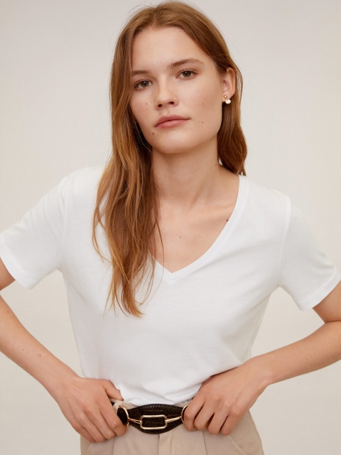 

MANGO Women White Solid V-Neck T-Sustainable Shirt