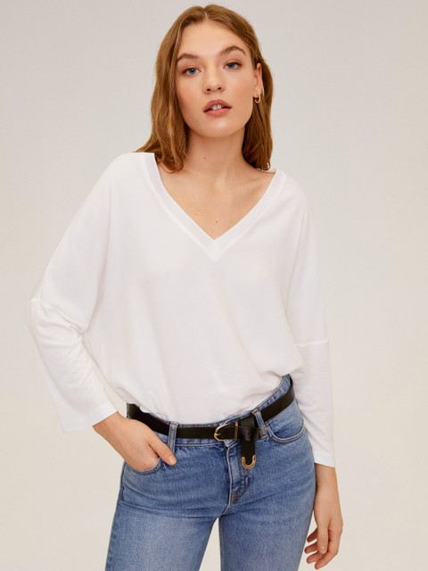 

MANGO Women White Solid V-Neck T-shirt