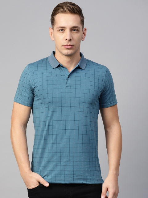 

Louis Philippe Men Teal Blue & Black Checked Polo Collar T-shirt