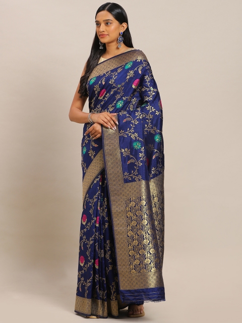 

Mitera Navy Blue & Gold-Toned Art Silk Woven Design Kanjeevaram Saree