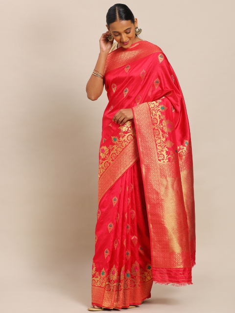 

Mitera Coral Pink & Gold-Toned Art Silk Woven Design Tussar Saree