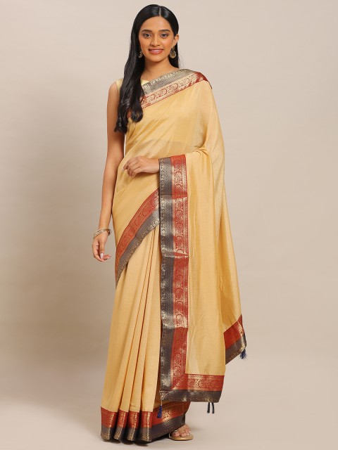 

Mitera Cream-Coloured & Red Art Silk Solid Saree