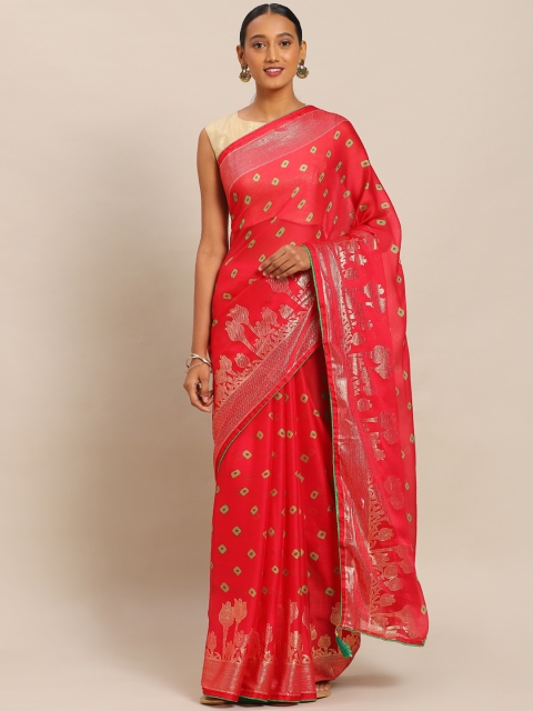 

Mitera Coral Red & Green Art Silk Printed Mysore Silk Saree