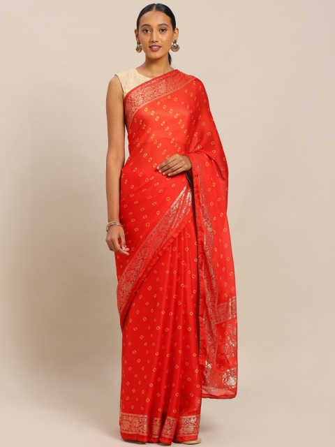 

Mitera Red & Mustard Yellow Art Silk Printed Bandhani Silk Saree