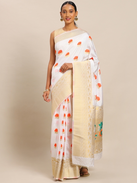 

Mitera White & Red Silk Blend Woven Design Kanjeevaram Saree