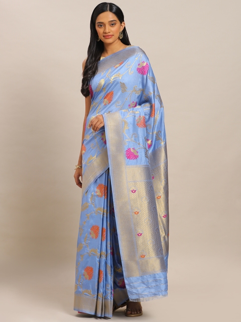

Mitera Blue & Gold-Toned Art Silk Woven Design Kanjeevaram Saree