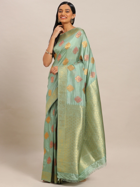 

Mitera Sea Green & Gold-Toned Silk Blend Printed Tussar Saree