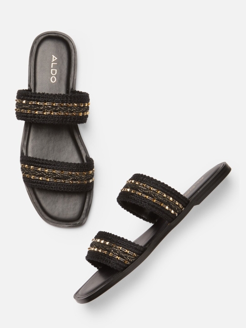 

ALDO Women Black & Gold-Toned Embellished Open Toe Flats