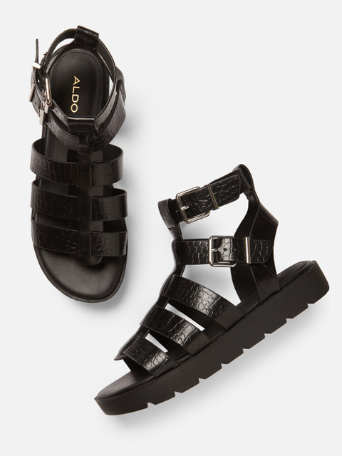 

ALDO Women Black Textured Open Toe Flats