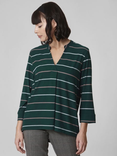 

Vero Moda Women Green & White Striped Pleated High-Low Top