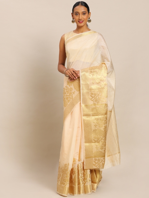 

Mitera Cream-Coloured & Gold-Toned Silk Blend Solid Mysore Silk Saree