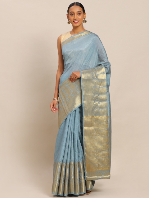 

Mitera Grey & Gold-Toned Silk Blend Solid Mysore Silk Saree