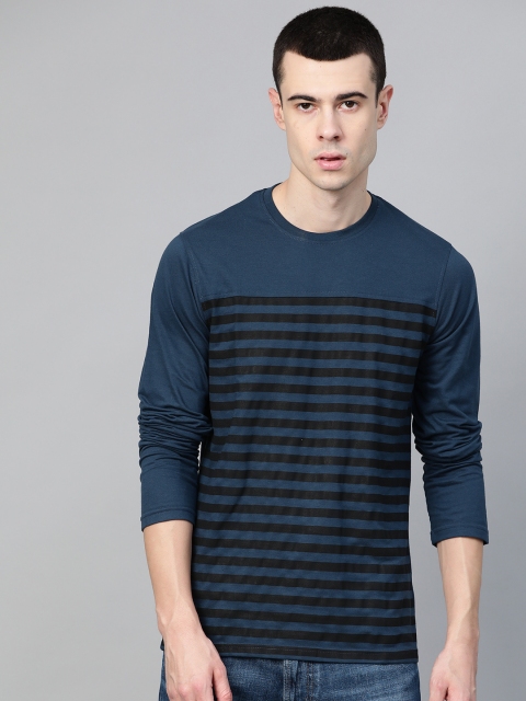 

Metronaut Men Teal Blue & Black Striped Round Neck T-shirt