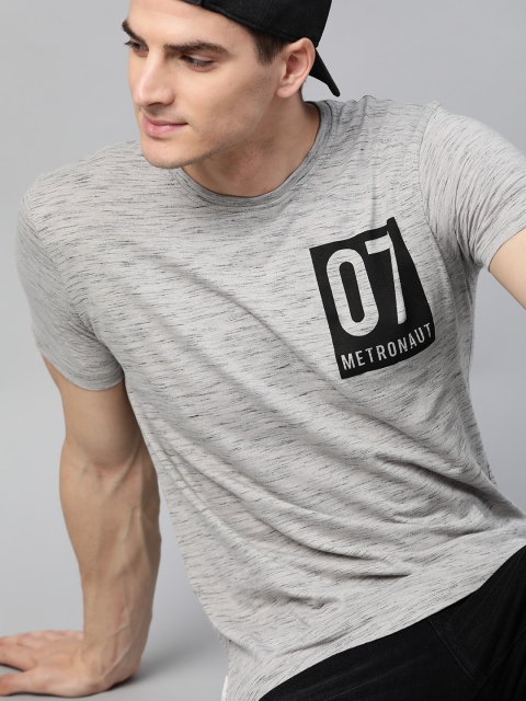 

Metronaut Men Grey Melange & Black Printed Round Neck T-shirt