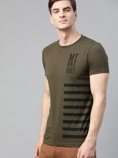 

Metronaut Men Olive Green & Black Striped Round Neck T-shirt