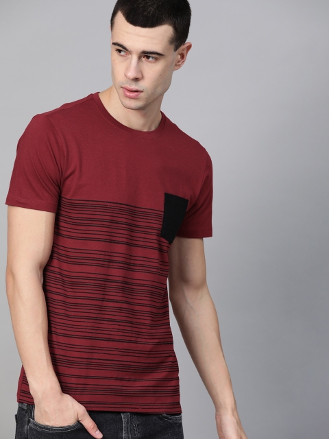 

Metronaut Men Maroon & Black Striped Round Neck T-shirt