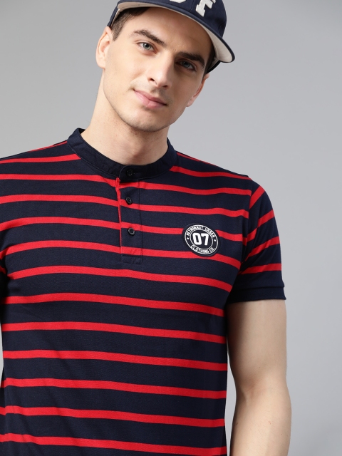 

Metronaut Men Navy Blue & Red Striped Henley Neck T-shirt