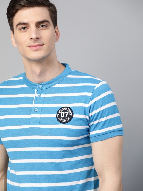 

Metronaut Men Blue & White Striped Henley Neck T-shirt