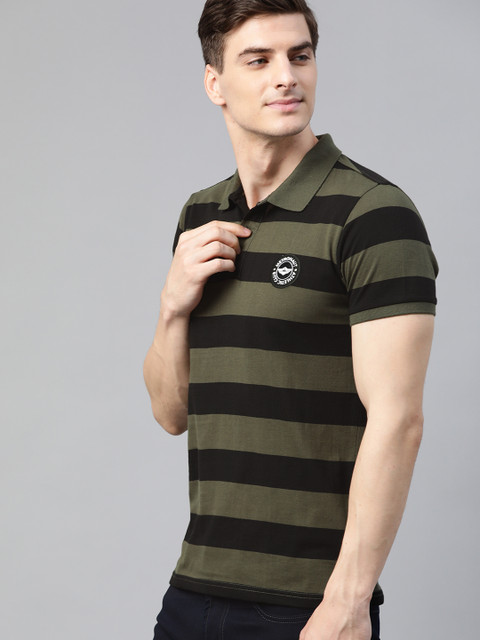 

Metronaut Men Olive Green & Black Striped Polo Collar T-shirt