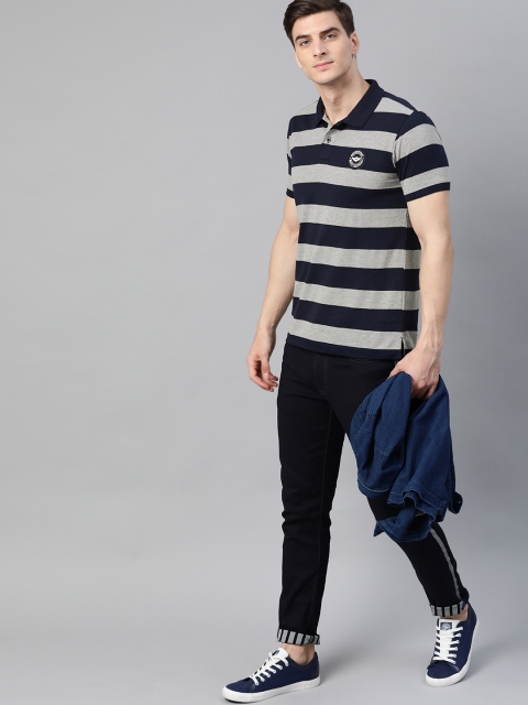 

Metronaut Men Navy Blue & Grey Melange Striped Polo Collar T-shirt