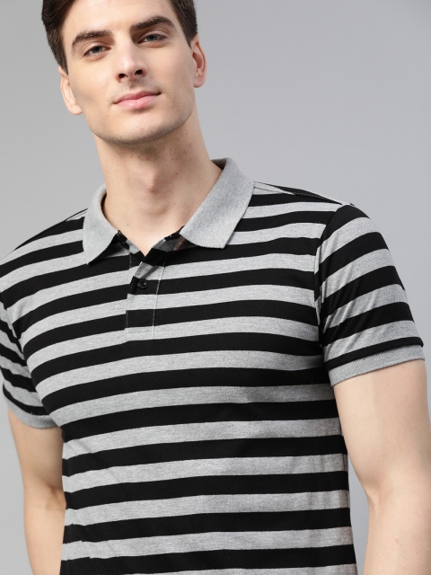 

Metronaut Men Grey Melange & Black Striped Polo Collar T-shirt