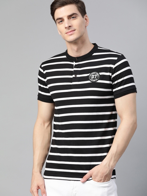 

Metronaut Men Black & White Striped Henley Neck T-shirt