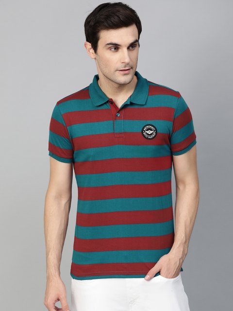 

Metronaut Men Teal Blue & Maroon Striped Polo Collar T-shirt