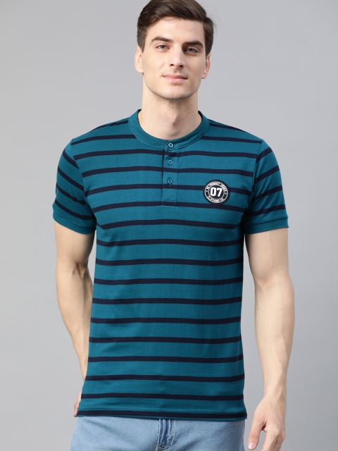 

Metronaut Men Blue Striped Henley Neck T-shirt
