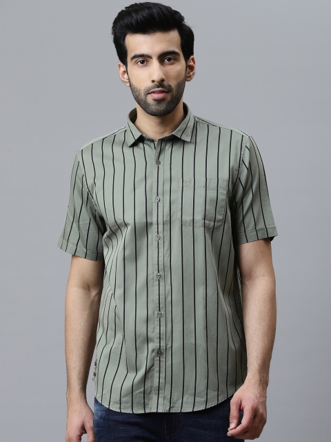 

Blackberrys Men Olive Green & Black Slim Fit Striped Casual Shirt