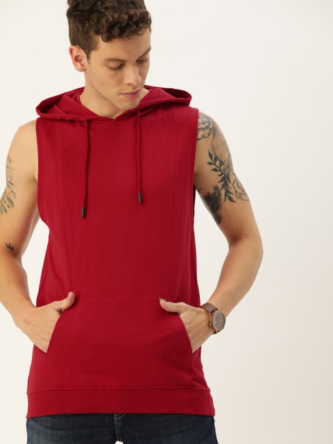 

SINGLE Men Red Solid Pure Cotton Hooded T-shirt