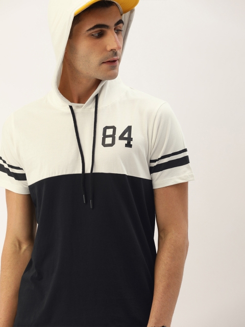 

SINGLE Men White Navy Blue Colourblocked Hood Pure Cotton T-shirt