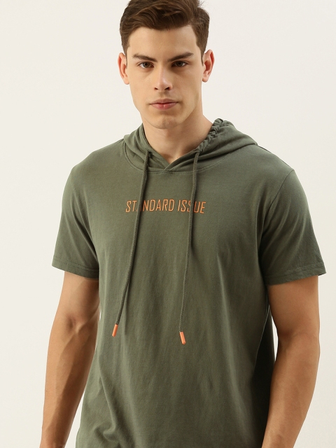 

SINGLE Men Olive Green Solid Boxy Fit Hood T-shirt