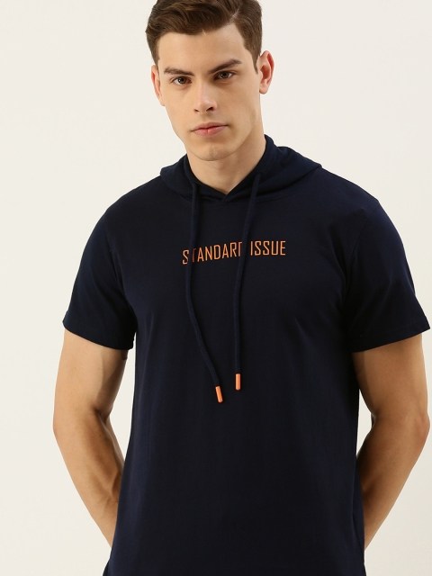 

SINGLE Men Navy Blue Boxy Fit Printed Hood T-shirt