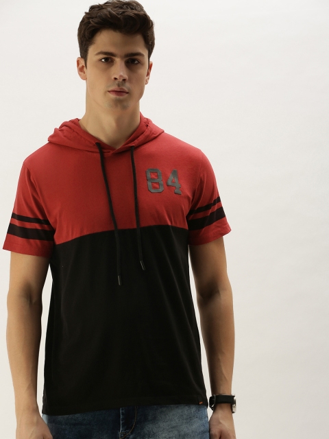 

SINGLE Men Red Black Colourblocked Hood Pure Cotton T-shirt