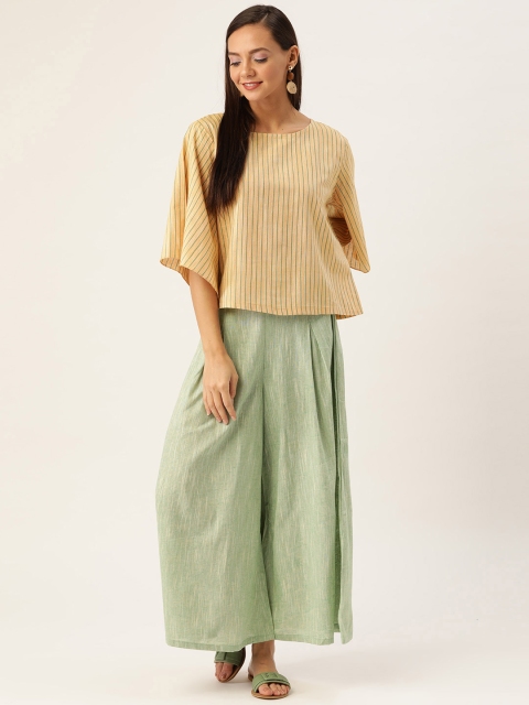 

InWeave Women Beige & Green Handloom Striped Top with Palazzos