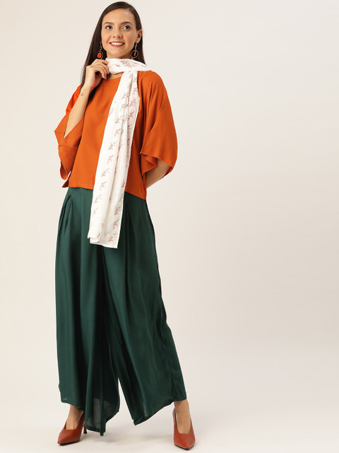 

InWeave Women Rust Orange & Green Solid Top with Palazzos & Stole