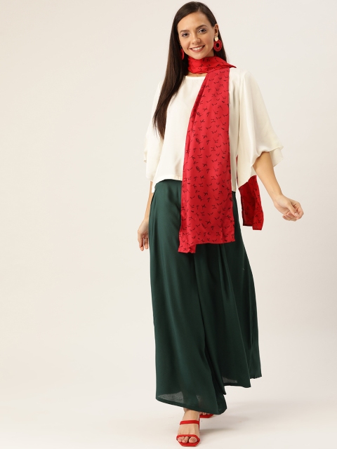 

InWeave Women Off-White & Green Solid Top with Palazzos & Stole