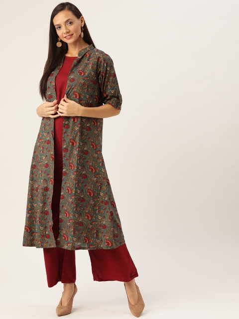 

InWeave Women Maroon & Green Solid Top with Trousers & Shrug