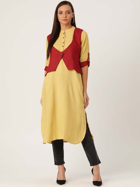 

InWeave Women Mustard Yellow Solid Pathani Kurta with Shrug