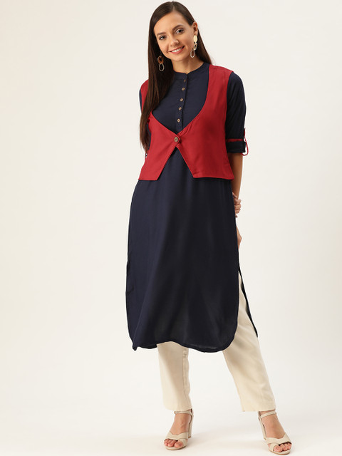 

InWeave Women Navy Blue Solid Straight Kurta With Maroon Shrug