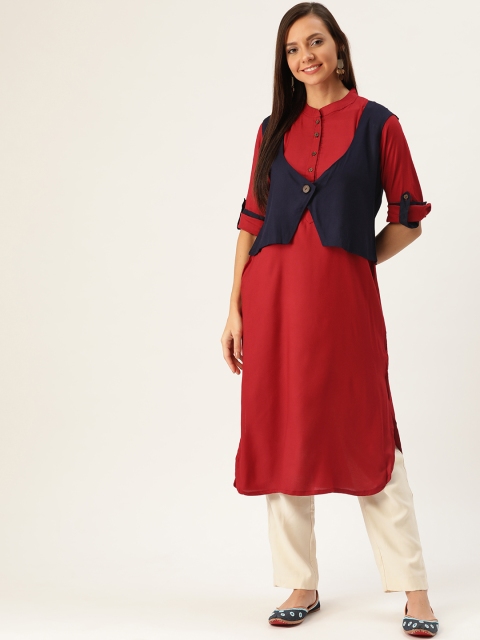 

InWeave Women Maroon Solid Straight Kurta With Navy Blue Shrug