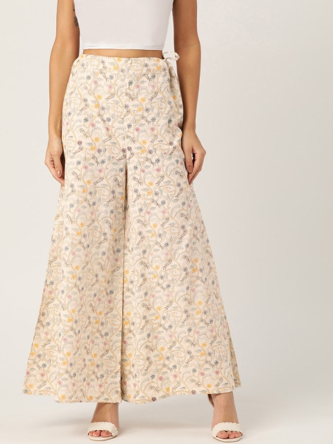 

InWeave Women Off-White & Mustard Yellow Ethnic Kantha Printed Wide Leg Palazzos