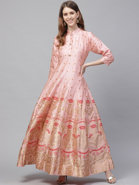 

Ishin Women Pink & Golden Ethnic Embroidered Pure Silk Anarkali Kurta