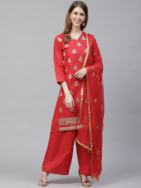 

Ishin Women Red & Golden Mukaish Embroidered Kurta with Palazzos & Dupatta