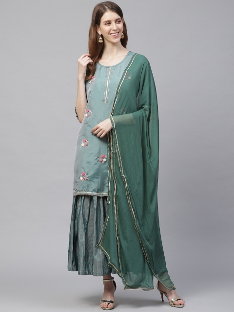 

Ishin Women Green & Pink Floral Embroidered Kurti with Sharara & Dupatta