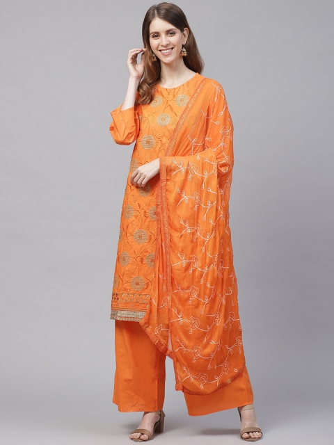 

Ishin Women Orange & Golden Mukaish Embroidered Kurta with Palazzos & Dupatta