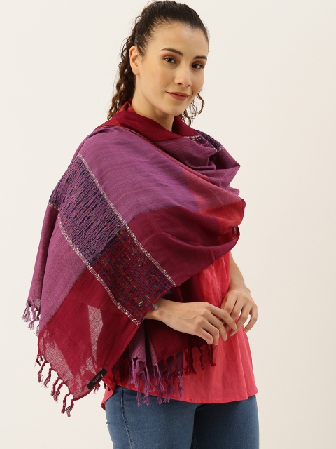 

Ayesha Women Maroon & Purple Colourblocked Dual Colored Rayon Scarf with Tassels
