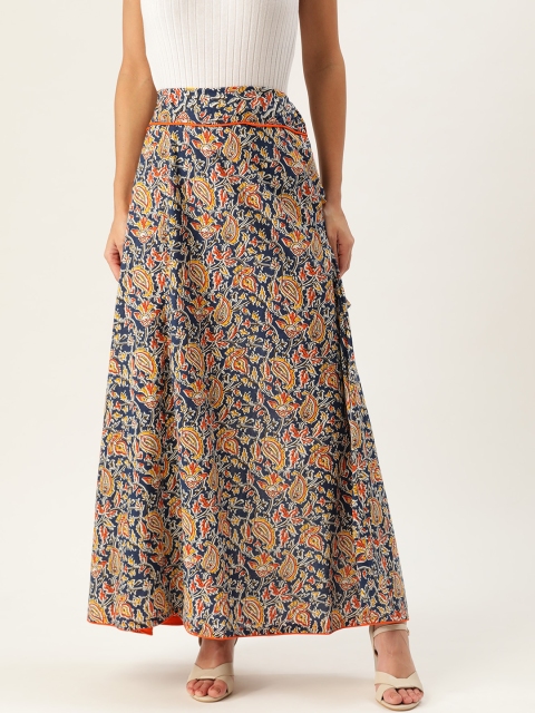 

InWeave Women Navy Blue & Yellow Kalamkari Print Maxi A-Line Skirt