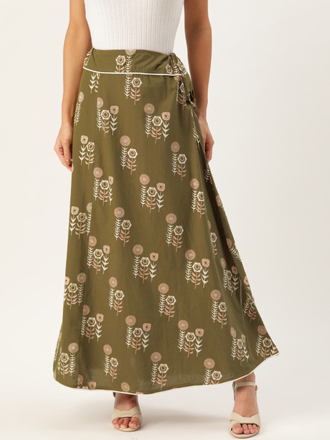

InWeave Women Olive Green & Off-White Printed Maxi A-Line Skirt