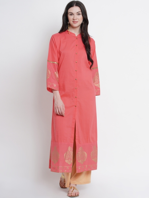 

Love More Women Pink & Gold-Coloured Printed Straight Kurta